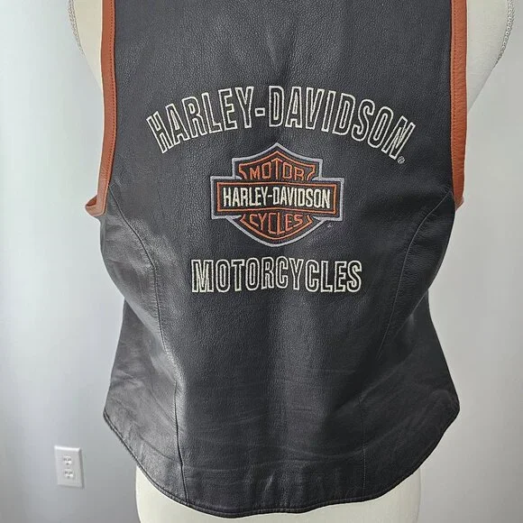 HARLEY DAVIDSON black VEST motorcycle GENUINE LEATHER pockets ZIPPER biker ORANG - Picture 10 of 15